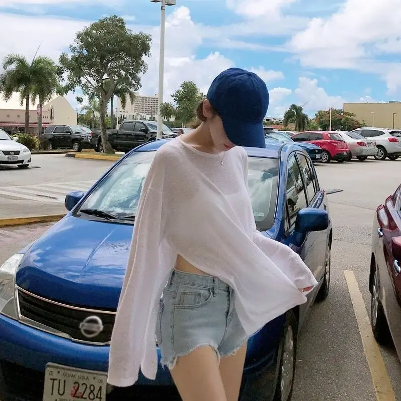 Women Loose Fit Long Sleeve See Through Summer T Shirt