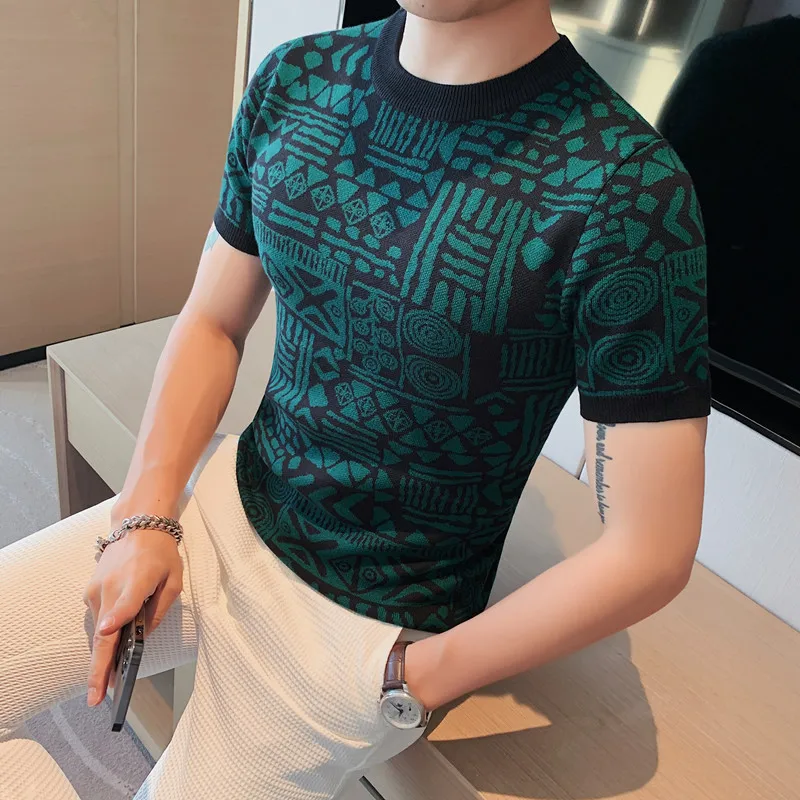 

M-4XL Autumn Color Splicing Geometric Figure Male's Short Sleeve T-shirt Male Basic Casual Slim Fit Round Neck Pullover Tee Tops