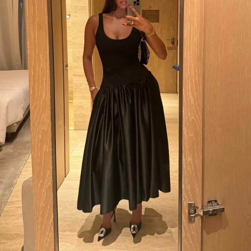 Summer Vintage Casual Chic Women Dress Black Solid Patchwork Sleeveless Low-neck Long Straight Vestidos New Fashion 2024 Dress
