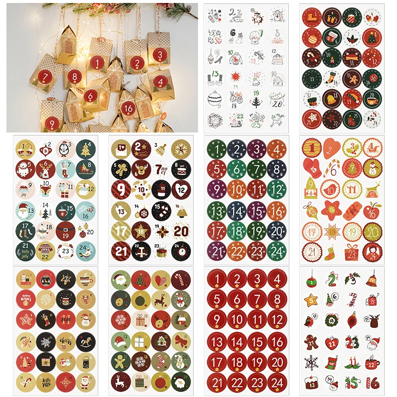 Christmas Advent Calendar Number Sticker Gift Label Adhesive Stickers Christmas New Year Decoration 24Pcs