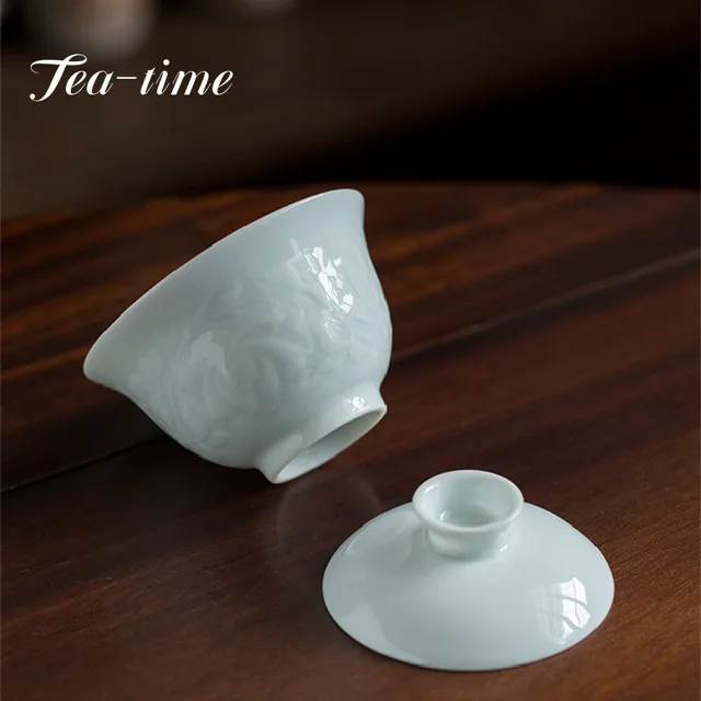 150 Ml Kézzel Készített Árnyék Celadon Tea Tureen Megkönnyebbülés Lotus Art Scalding Hand Grab Bowl Maker Ceramic Gaiwan Kung Fu Teakészlet - Image 3