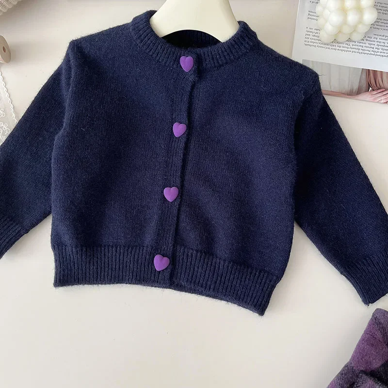thumbnail image 1 of 2-7Y Children's Sweater Love Button Cardigan Girls Sweater Knitted Coat Girls Clothing Kid's Outfit Optional Plaid Skirt, 1 of 6