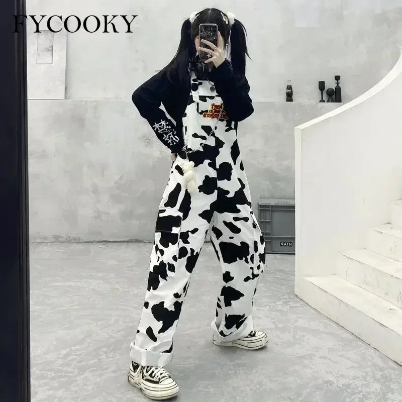 Street Hip-hop Harajuku Girl Cow Print Oneies for Women Black White Plaid Overalls Casual Jumpsuit Trousers Baggy Pants 2