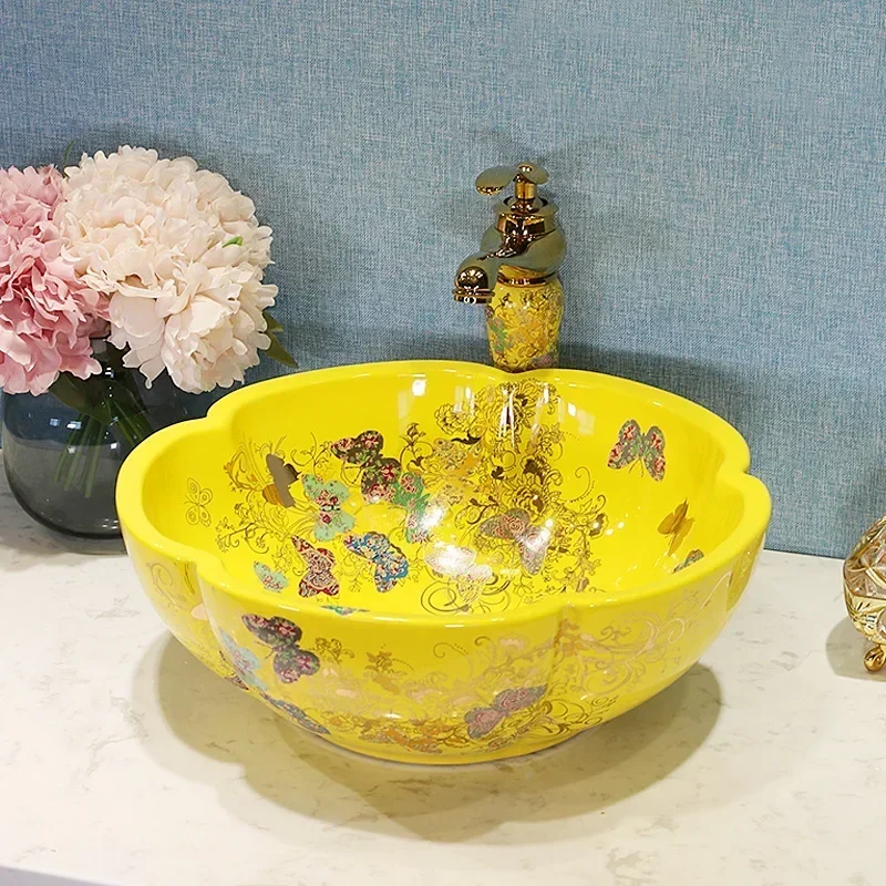 อ่างล้างหน้าในห้องน้ำ อุปกรณ์ในห้องน้ำ อ่างล้างหน้ารูปทรงกลีบดอกไม้สำหรับสวน อ่างล้างหน้าแบบตั้งพื้น ลายดอกไม้และผีเสื้อ อ่างล้างหน้าแบบศิลปะ 1