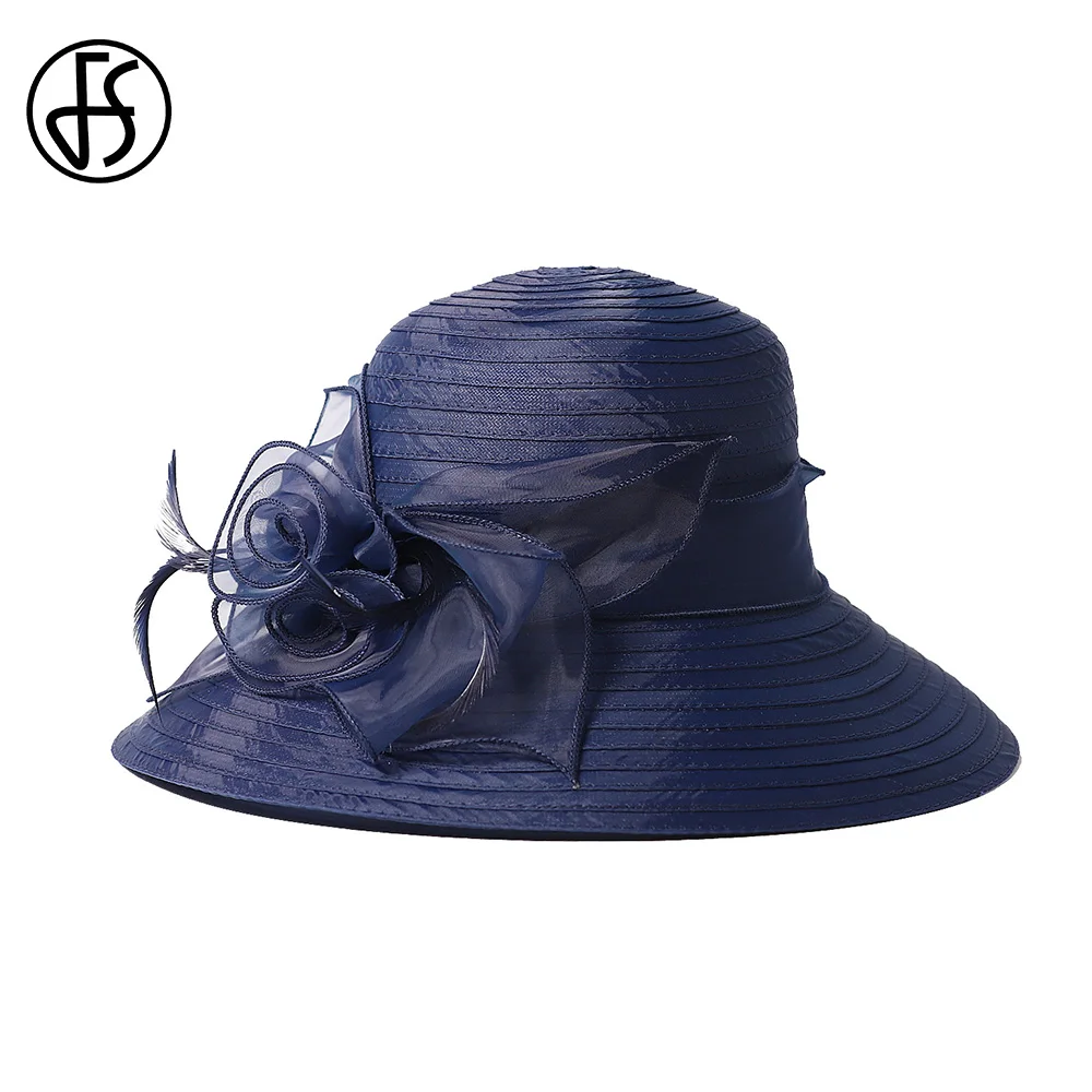 Elegant Navy Blue Wide Brim Derby Hat with Floral Fascinator