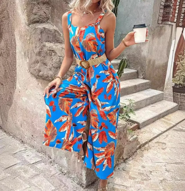Summer Fashion 2024 Elegant Women's Commuting Jumpsuit Fashionable Printed Waistband Jumpsuit with Belt for Women's Clothing ﻿