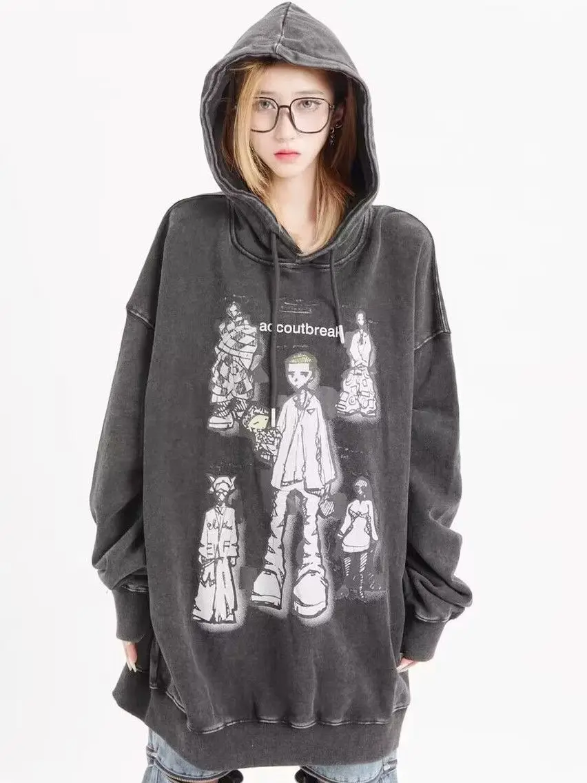 

American Vintage Cartoon Graffiti Print Hoodie Fashion Y2K Men and Women Loose Personality Harajuku Oversized Hoodie top