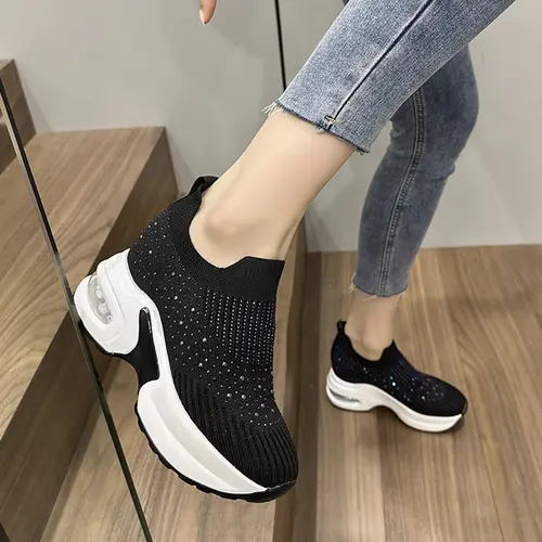 2025 High Quality Air Cushion Shoes For Women lightweight Breathable Hiking Shoes Rhinestone Platform wedge SLIP-ON sneakers - Image 4