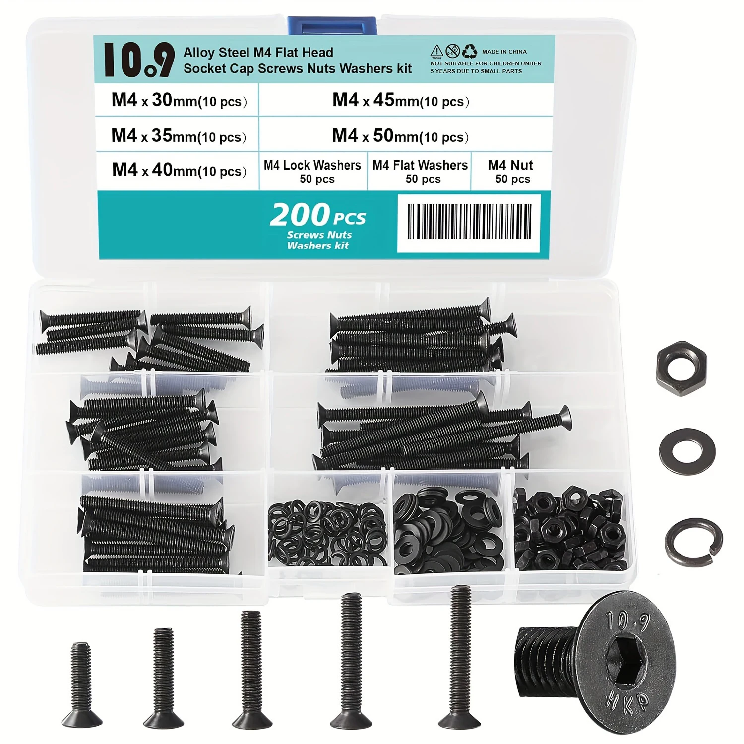 M4 x 8mm 10mm 12mm 16mm 18mm 20mm 25mm 30mm 35mm 40mm 45mm 50mm Flat Head Hex Socket Cap Screws Countersunk Bolts 335PCS/200PCS