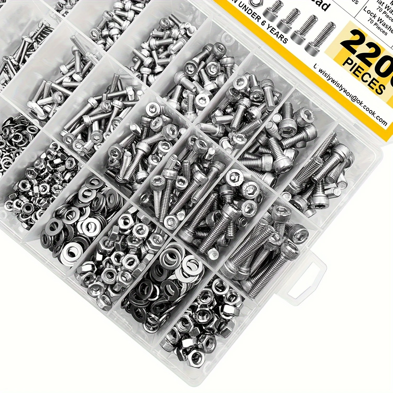 2200Pcs M2 M3 M4 M5 Metric Screw Assortment Kit, 304 Stainless Steel Hex Bolts, DIY Metric Bolts & Nuts & Spring Flat Washers
