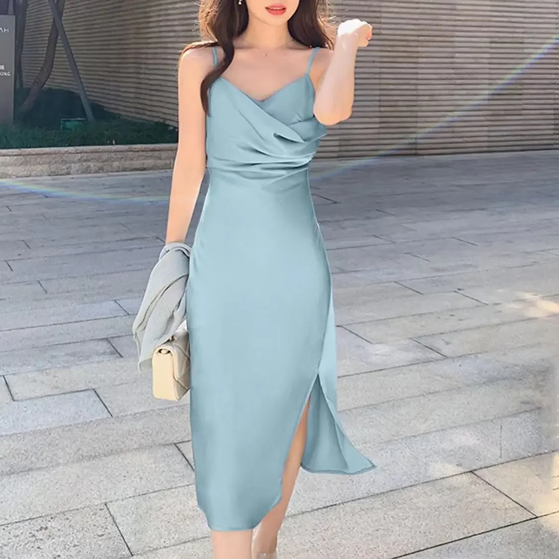 French Vintage Ruffled Shoulder Strap Slim Fit Slimming Slit Sling Dress main image 1