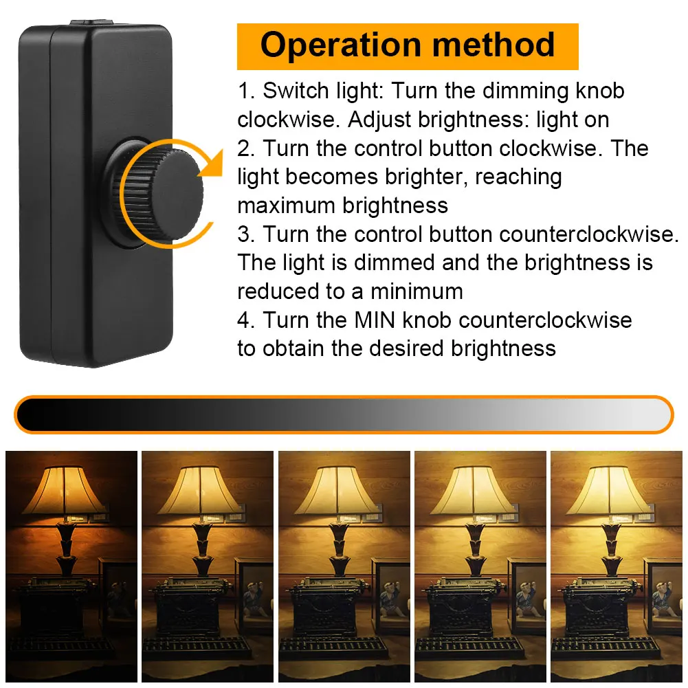 LED Dimmer Switch inline built-in rotary on/off and knob control for dimmable 3-100w led/incandescent/halogen bulbs