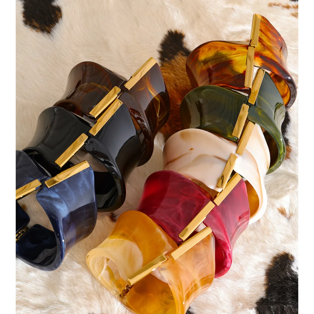 Yhpup 62 مللي متر تصميم حصري متعدد الألوان أكريليك حمض الخليك سوار عريض الإسورة الفولاذ المقاوم للصدأ موضة بيان مجوهرات