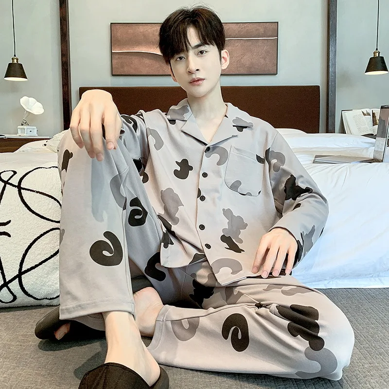 Autumn Winter Men's Pure Cotton Pajamas Polo Collar Long Sleeve Cardigan Oversized Comfortable Casual Home Clothing Set