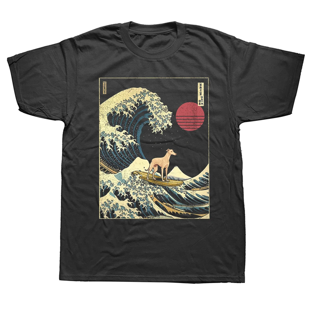 Lustiges Greyhound-Hund-T-Shirt mit japanischer Surferwellen-Grafik, Mode-Freizeit-T-Shirt für Männer und Frauen, 100% Baumwolle, locker geschnittenes Oversize-T-Shirt