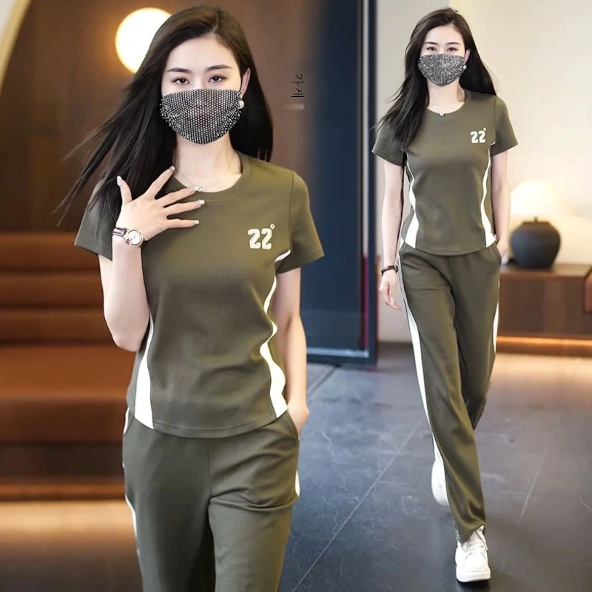 캐주얼 스포티 한 여성 정장 2024 새로운 여름 우아한 유행 세련된 연령 감소 짧은 소매 넓은 다리 바지 2 피스 세트