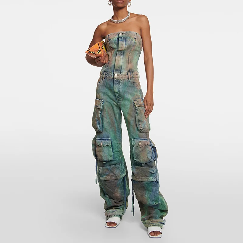 Vintage Denim Jumpsuit Off Shoulder Button Up Cargo Rompers with Multipockets 2023 Summer Vibe High Street Sleeveless One Piece