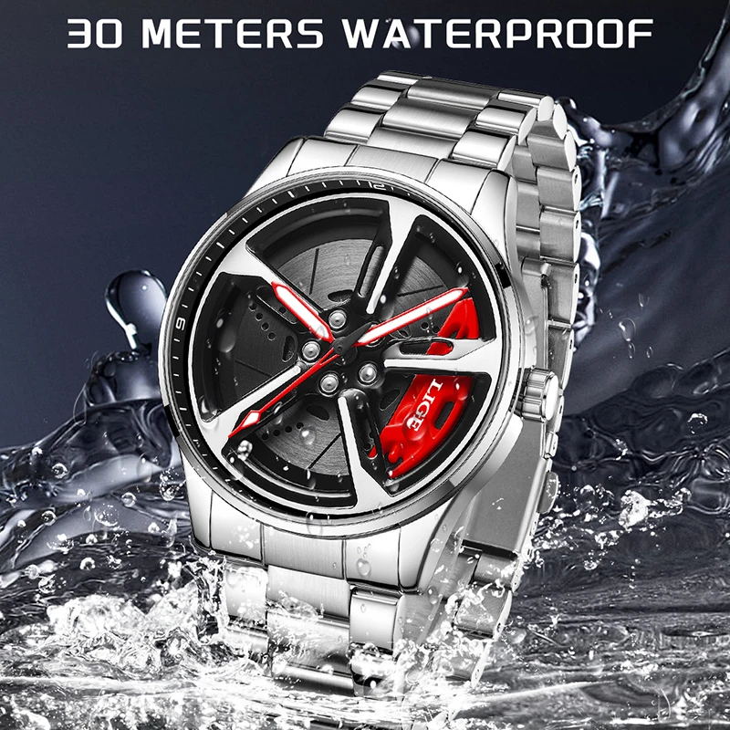 LIGE New Sports Mens Car Wheel Watches Business Waterproof Quartz Watch For Men Stainless Steel Hub Wheel Dial Design Watch Men