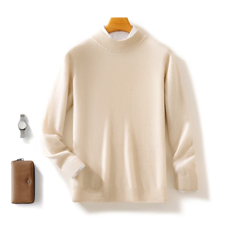 Fall/Winter New Wool Pullover Sweater Cashmere Shirt Men's Semi-high Neck Long Sleeve Loose Knitted Bottom Shirt 5