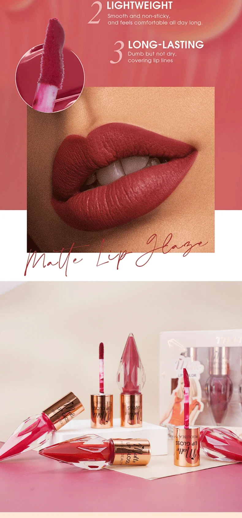6 Pcs Diamond Matte Liquid Lipstick Set, Non-Stick Cup and Not Fade Pigmented, Long-Lasting Waterproof Velvet Lipgloss Makeup