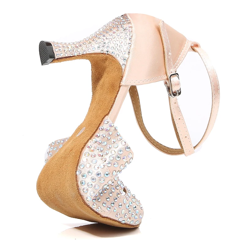 New Latin Dance Shoes Women's Salsa Tango Ballroom Party Women's Shoes Rhinestones Skin Tone Girls Summer High Heeled Sandals