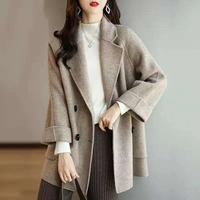 Korean Office Lady Elegant Wool Blend Long Wool Coat Women For