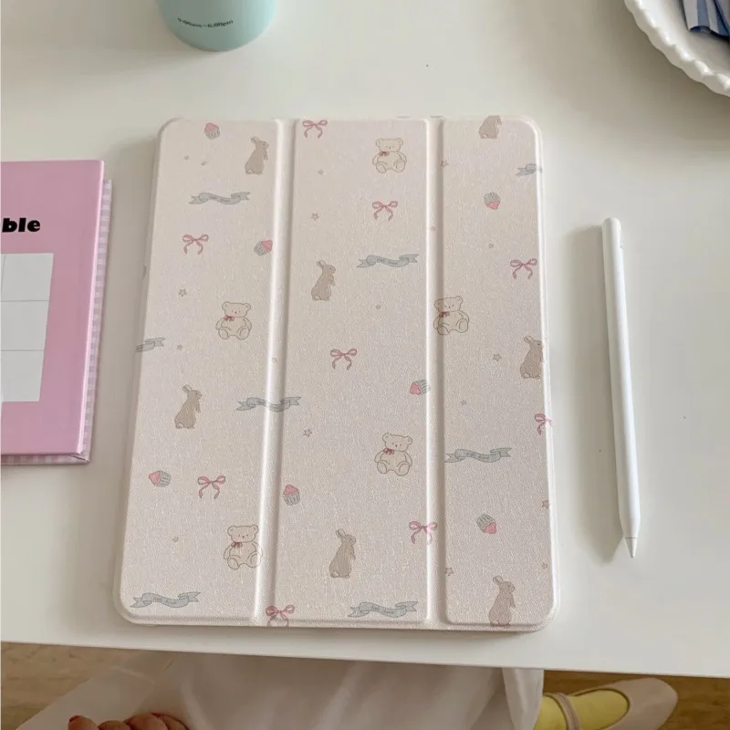 Cute Bear & Rabbit Cartoon Leather Trifold Stand Case