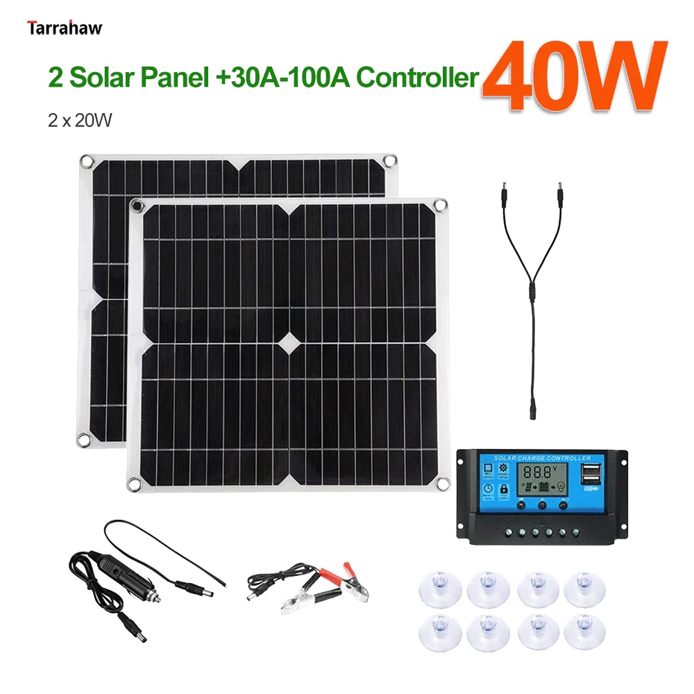Solar Panel Kit 20W/40W Solar Panel Solar Kit USB+DC Output 30A-100A Controller Mobile Phone Outdoor Camping Lightweight Portable System