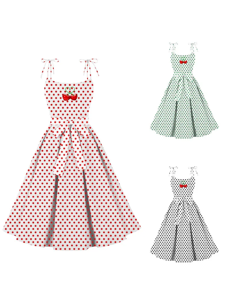 

2024 New Vintage Sleeveless Women Party Dress Retro 60s Little Polka Dot Print Spaghetti Straps Runway Midi Flare Pleated Dress