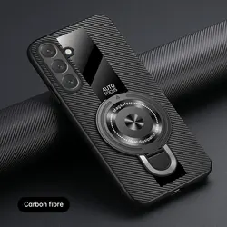 Luxury Magnetic Ring Holder Case - Premium Silicone & Sheepskin Leather Shockproof Cover with Plexiglass - Galaxy S25 FE (Carbon Fiber Patten)