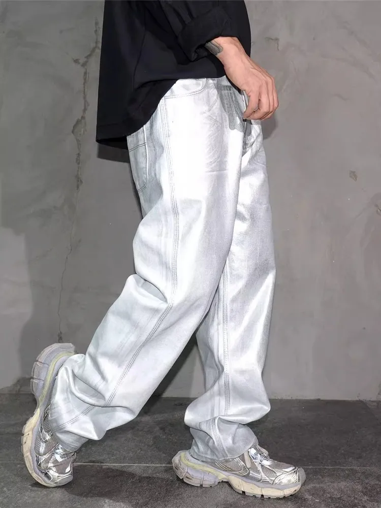 High Street Mens Silver Jeans Loose Fit Hip Hop Stage Show