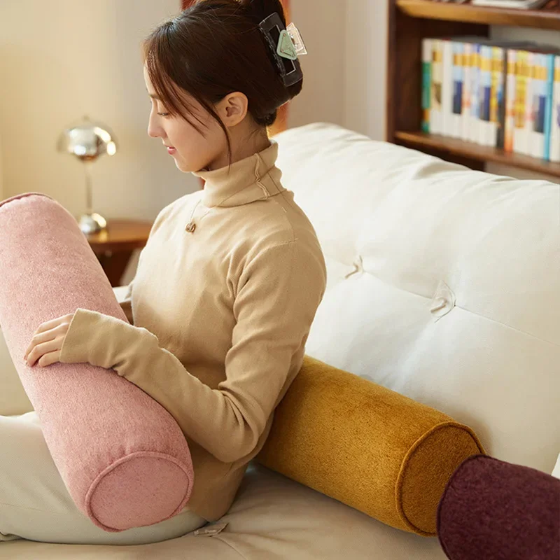 Long Pillow for Beds Cylinder Support Waist Leg Cushion Simple Solid Color Chenille Lounger Backrest Pad Home Office Decor - Image 2