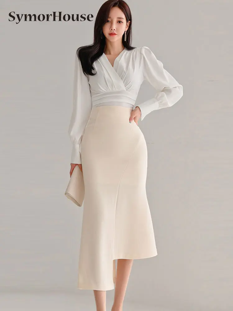 

Spring Autumn Skirt Suit Women Elegant Korean V-Neck Puff Sleeve Shirts Top + Mermaid Skirt Casual Evening Party 2-Piece Sets