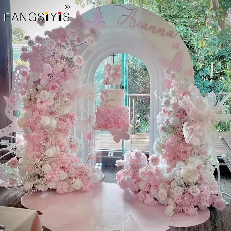 

Pink Rose 5D Wedding Backdrop Arch KT Board Decor Floral White Baby Breath Arrangement Table Runner Flowers Event Party Props