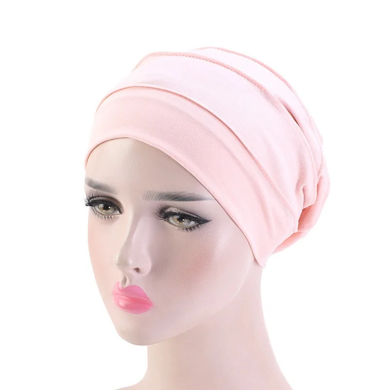 Women Stretch Beanie Chemo Cotton Hair Turban Hat Double-layer Soft Satin Lining Crinkled Hijab Inner Hijab Caps 3