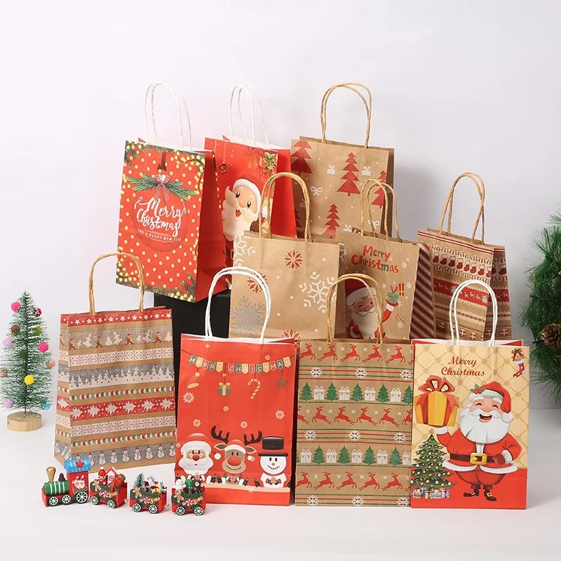 

6Pcs Christmas Kraft Paper Bags Santa Claus Snowman Candy Gift Packing Bag Cookie Snack Pouch Birthday Party Decor New Year Xmas