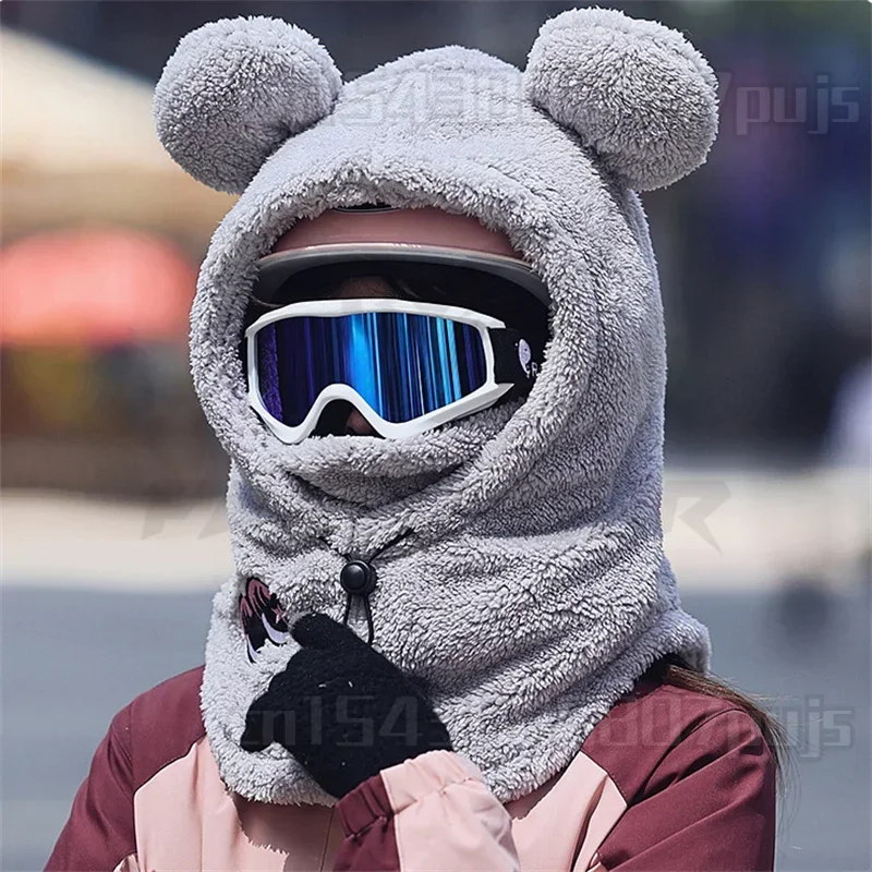 Skiing Helmet Cover Panda Skiing Plush Hats Comfortable Soft Wool Winter 3D Bear Ear Cute Riding Mask Keep Warm Caps