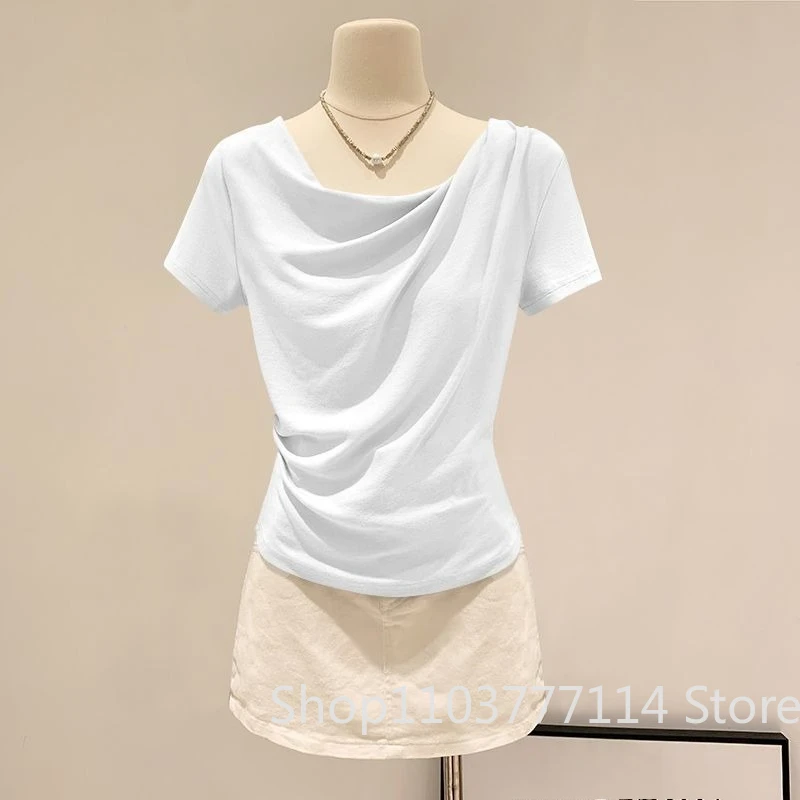 Summer Off Shoulder Top Women Summer Fashion Versatile Base Shirt Plus Size Slim Fit Short-sleeved T-shirt Casual and Sexy Beach
