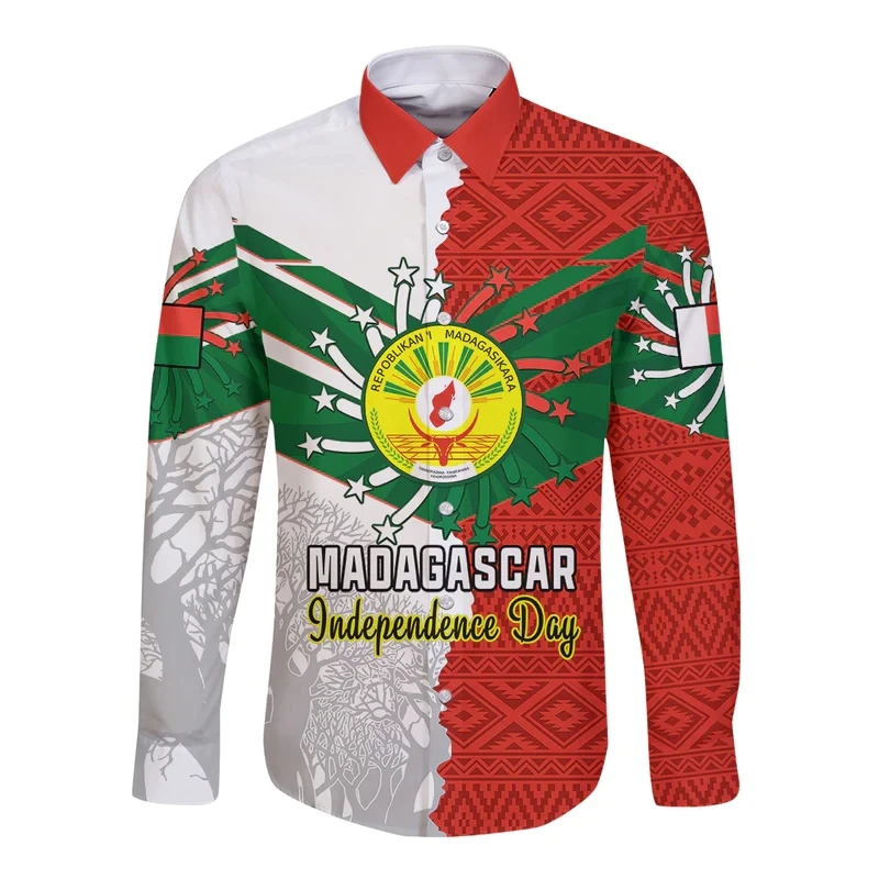 

Madagascar Flag Map Graphic Long Sleeve Shirts For Men Clothes National Emblem Lapel Blouse Casual Male Shirt Button Blouses Top