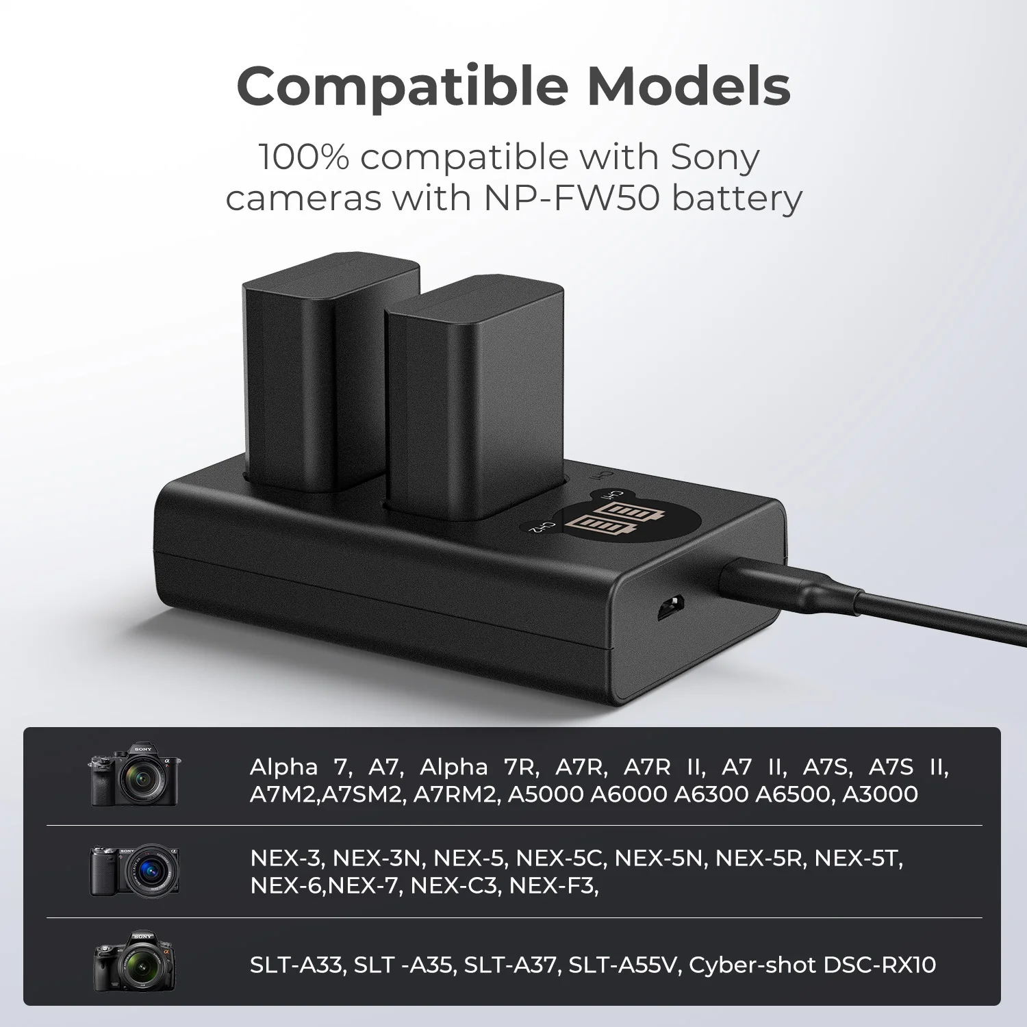 K&F Concept NP-FW50 듀얼 배터리 충전기, A6000/A7 시리즈 카메라용 안전 보호 기능이 있는 LCD 디스플레이 고속 충전기