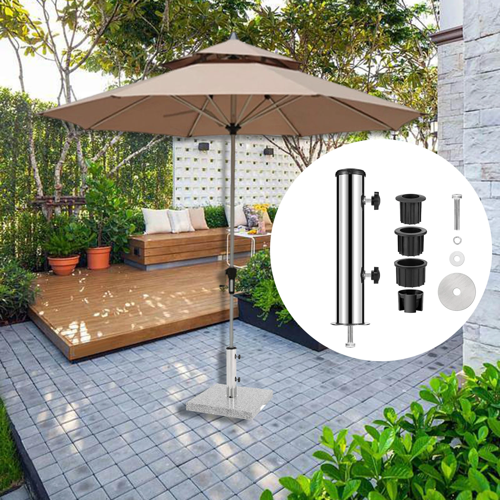 Supporto Per Ombrellone In Acciaio Inox - Base Per Esterni Con Manicotti PVC 32/38/48 Mm
