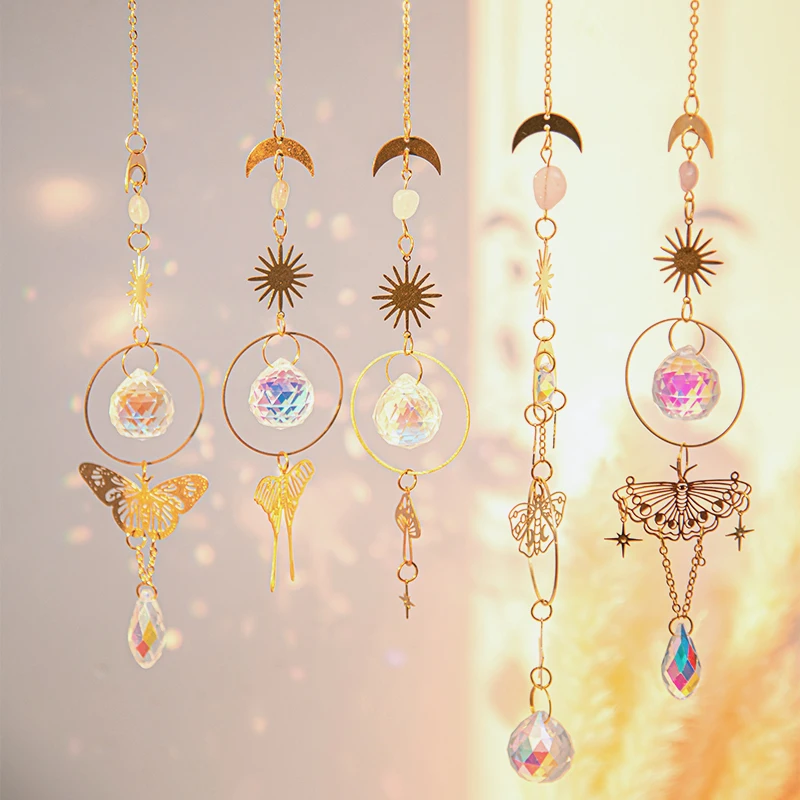 Crystals Wind Chime Suncatcher Golden Butterfly Pendant Rainbow Prism Stained Glass Ornament Chakras Crafts Home Garden Decor