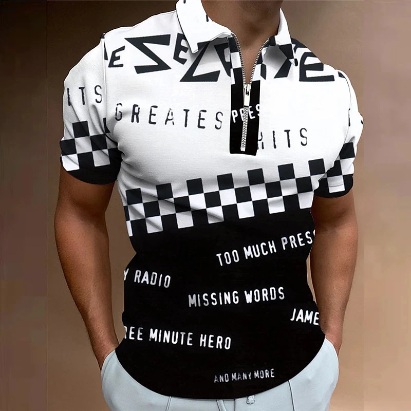 

2023men'S Polo Golf Plaid Letter Printed Lapel 3d Outdoor Effect Short Sleeved Zipper Printed Clothing Set Fashion Casual Design