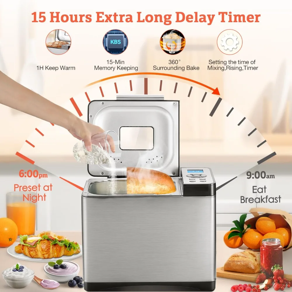 2LB Bread Maker, 19-in-1 Automatic Bread Machine Stainless Steel with Ceramic Pan, 15H Timer & 1H Keep Warm 5