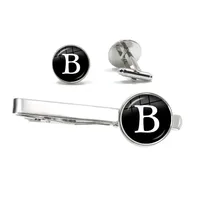 26 Alphabet Letters Print Personality Men Tie Clip & Cufflinks Set Shirt Suit Cuff Links Wedding Jewelry Fathers Day Gift 4