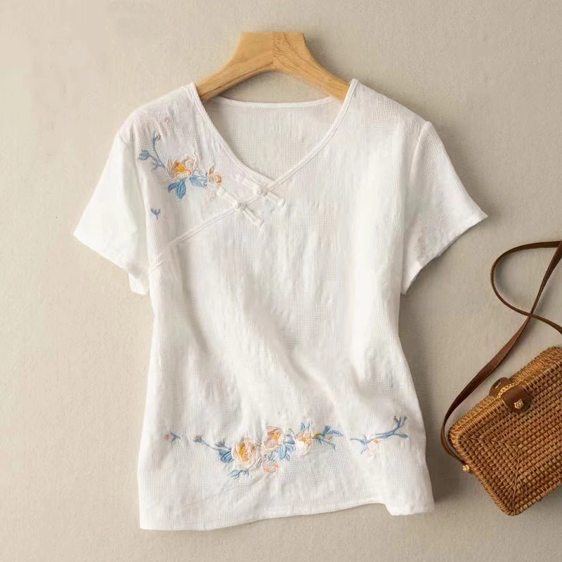 China Style Spring Summer Printing T-shirt Loose Top Oriental  Female Clothes Chinese Blouses For Women Retro Cotton Linen Shirt