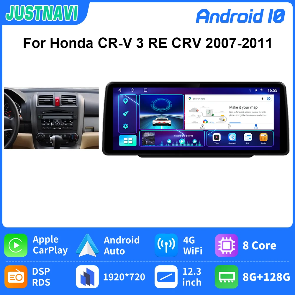 

JUSTNAVI Stereo For Honda CR-V 3 RE CRV 2007-2011 12.3'' Car Radio Navigation Multimedia GPS Autoradio CarPlay Video DSP Player