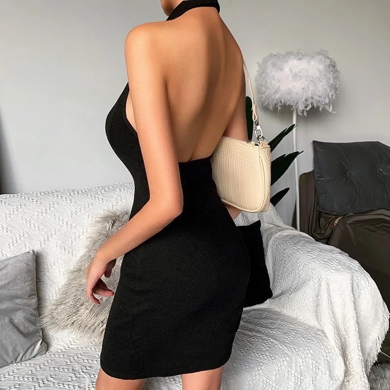 

BIG PROMOTION Summer New Style Sleeveless Open Back Slim Fit Wrap Hip Short Dress with Hanging Collar
