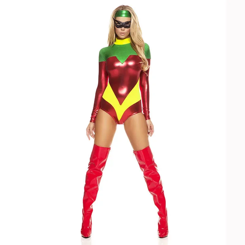Costume Da Supereroe Sexy Di Halloween Per Le Donne Costumi Di Gioco Di Ruolo Effetto Bagnato Tute A Maniche Lunghe In Pelle Vinilica In Pvc Vestito D