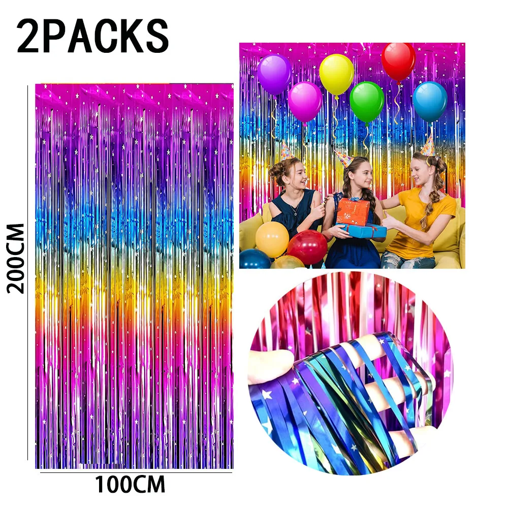 Rainbow Foil Fringe Curtains - Tinsel Metallic Streamers for Vibrant Party Decorations, Set of 2